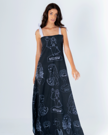 Vestido largo con estampado exclusivo de Soari con todos los Bocetos de nuestras “Mujeres que hicieron historia